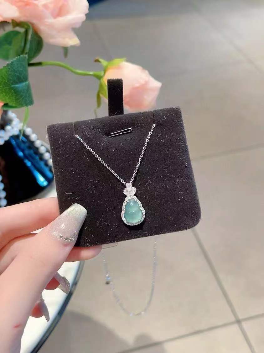 Handcrafted 925 Sterling Silver Hulu Pendant Necklace with Zircon & Natural Jadeite   *Symbol of Luck, Health & Protection*