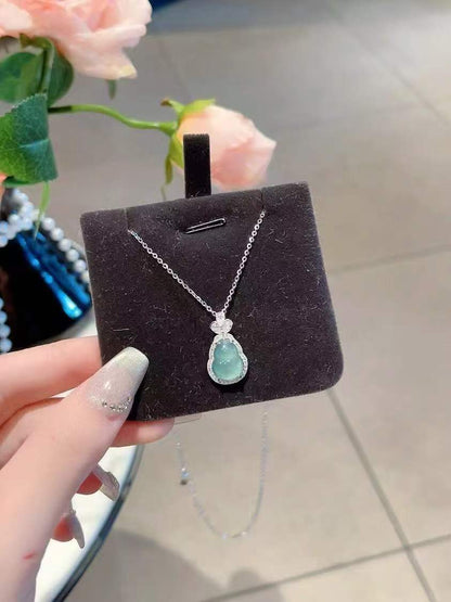 Handcrafted 925 Sterling Silver Hulu Pendant Necklace with Zircon & Natural Jadeite   *Symbol of Luck, Health & Protection*