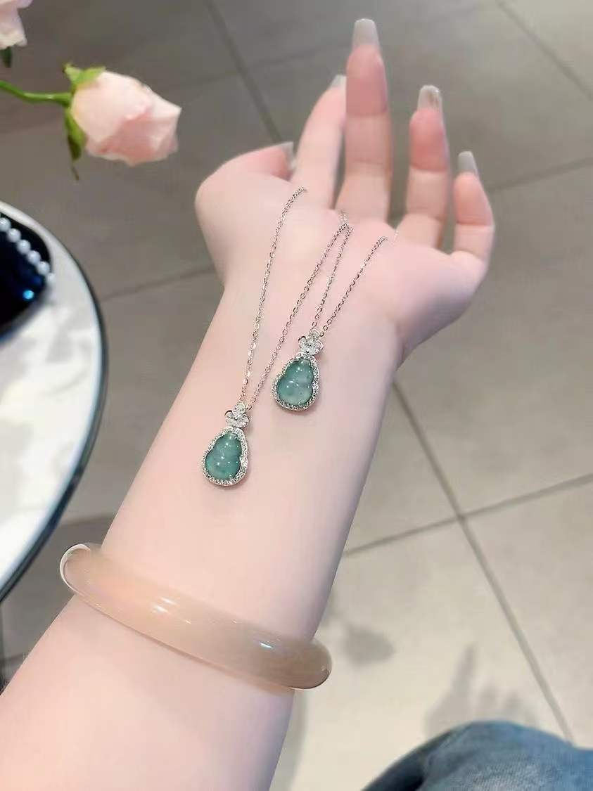 Handcrafted 925 Sterling Silver Hulu Pendant Necklace with Zircon & Natural Jadeite   *Symbol of Luck, Health & Protection*