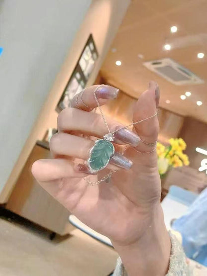 Hand-Forged 925 Silver Leaf Pendant Necklace with Zircon & Chalcedony   *Talisman of Growth, Fortune & Vitality*