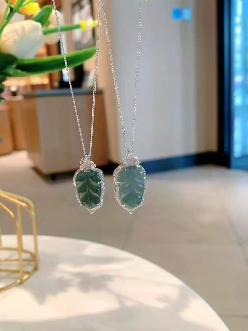 Hand-Forged 925 Silver Leaf Pendant Necklace with Zircon & Chalcedony   *Talisman of Growth, Fortune & Vitality*