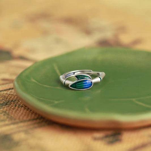Handcrafted Sterling Silver Bamboo Leaf Ring | Enamel Art | Symbol of Fortune & Growth