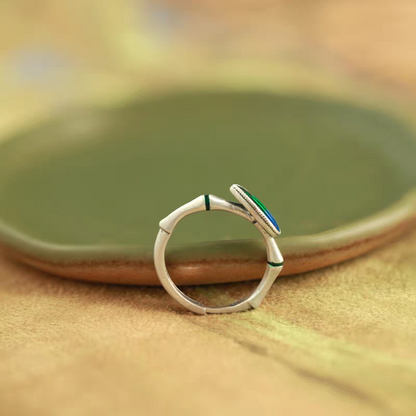 Bague feuille de bambou en argent sterling, fabriquée à la main | Émail artistique | Symbole de fortune et de croissance