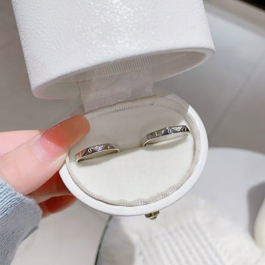 Handmade 925 Sterling Silver Couple's Ring – Carved LOVE & Sparkling Zirconia 2 pieces Adjustable