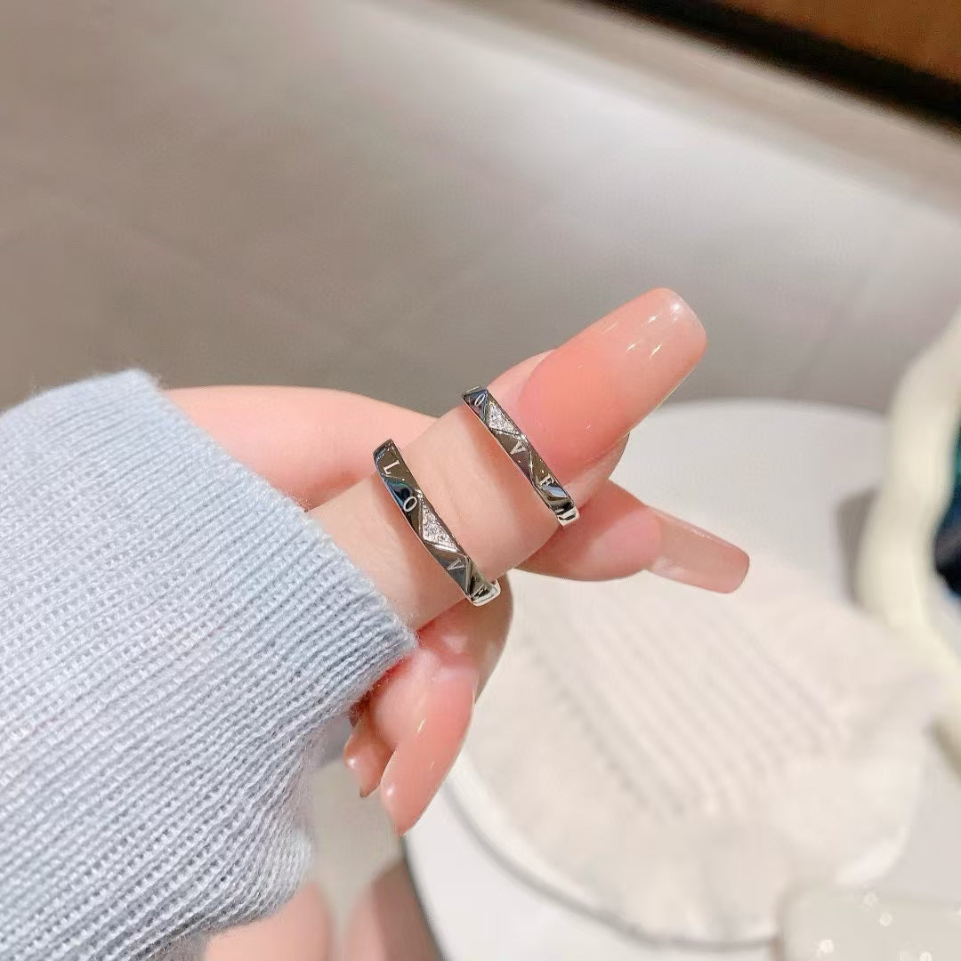 Handmade 925 Sterling Silver Couple's Ring – Carved LOVE & Sparkling Zirconia 2 pieces Adjustable