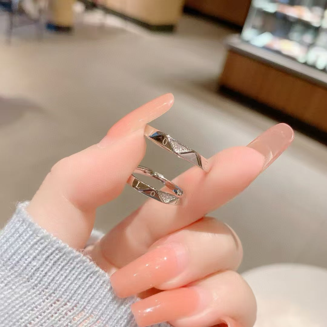 Handmade 925 Sterling Silver Couple's Ring – Carved LOVE & Sparkling Zirconia 2 pieces Adjustable