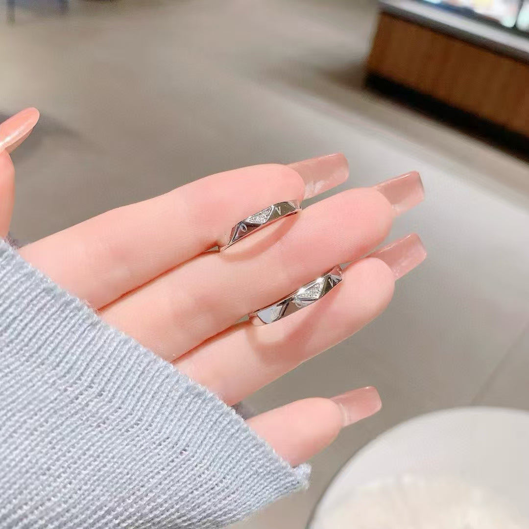 Handmade 925 Sterling Silver Couple's Ring – Carved LOVE & Sparkling Zirconia 2 pieces Adjustable