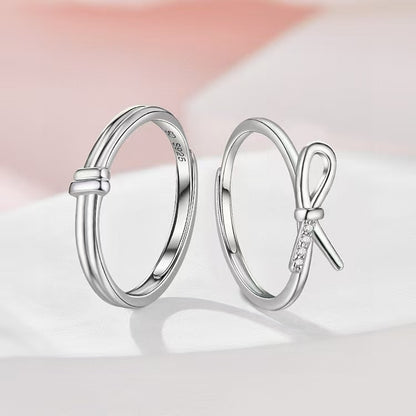 Tied with Devotion: Artisan Sterling Silver Bow Couple Rings with Sparkling CZ 2 pieces