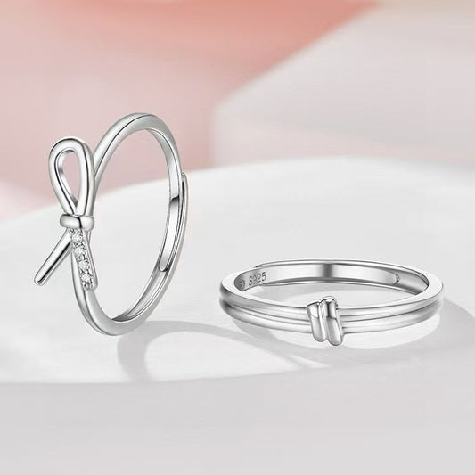 Tied with Devotion: Artisan Sterling Silver Bow Couple Rings with Sparkling CZ 2 pieces