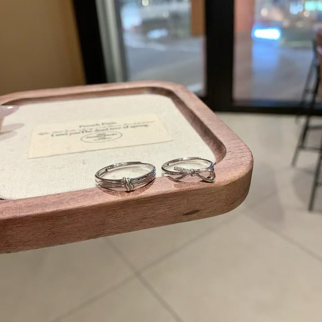 Tied with Devotion: Artisan Sterling Silver Bow Couple Rings with Sparkling CZ 2 pieces