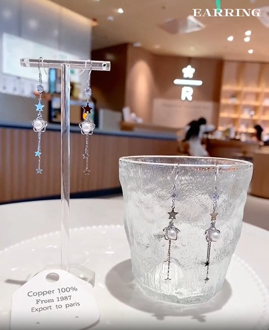 Boucles d'oreilles artisanales en argent 925, étoiles et perles – Élégance céleste, charme terrestre