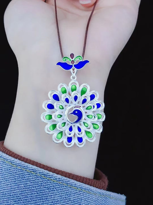 Collier pendentif paon en argent sterling émaillé fait main avec cordon tressé - Porte-bonheur en argent pur 999,9