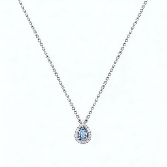 Leweivi S990 Sterling Silver "Blue Ocean Tear" Necklace - Romantic Heart-Shaped Blue Zircon Pendant for Women