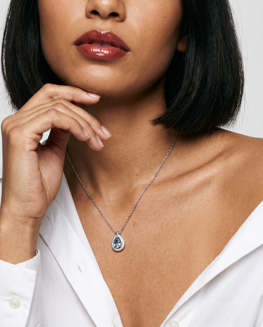 Leweivi™ S990 Sterling Silver "Blue Ocean Tear" Necklace - Romantic Heart-Shaped Blue Zircon Pendant for Women