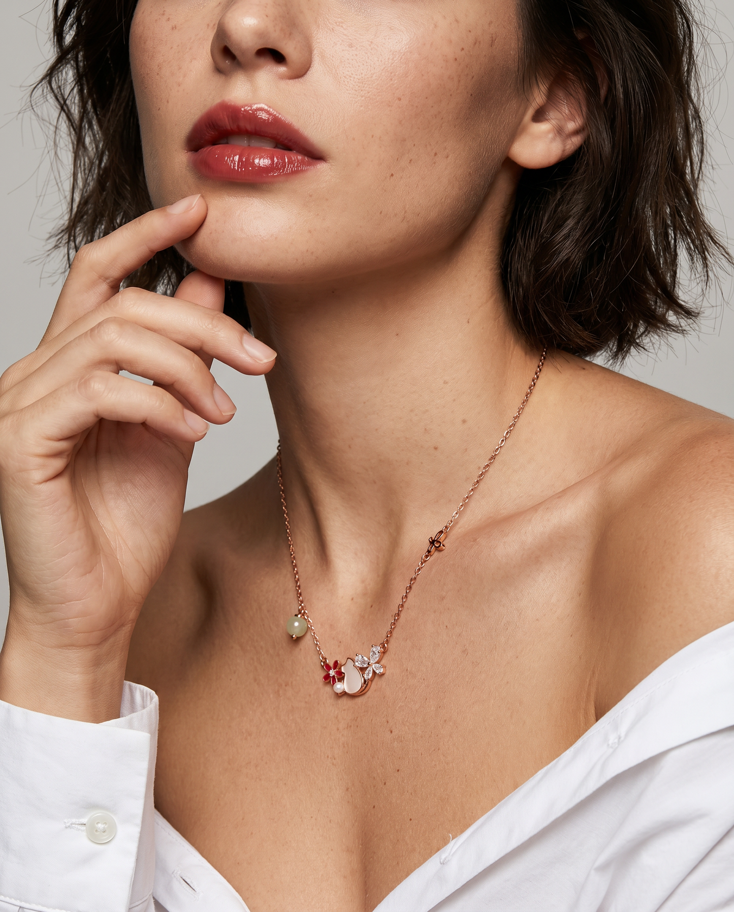Leweivi™ Whimsical Garden: Kitten & Peach Blossom Necklace with Golden Butterfly Detail