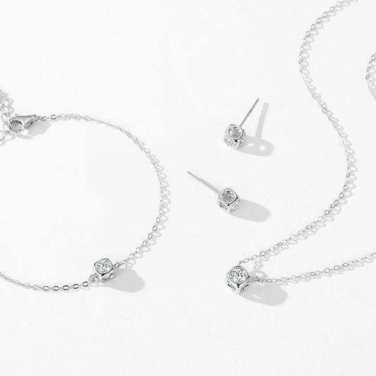 Minimalist Square Jewelry Set - Zircon Sterling Silver Earrings, Bracelet & Necklace