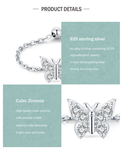 Handcrafted Sterling Silver Adjustable Butterfly Ring with Zircon Accents