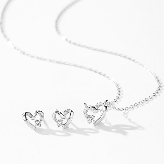 Romantic Heart Jewelry Set - Zircon Sterling Silver Earrings & Necklace