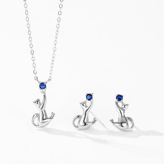 Whimsical Cat Jewelry Set - Blue Zircon Sterling Silver Earrings & Necklace