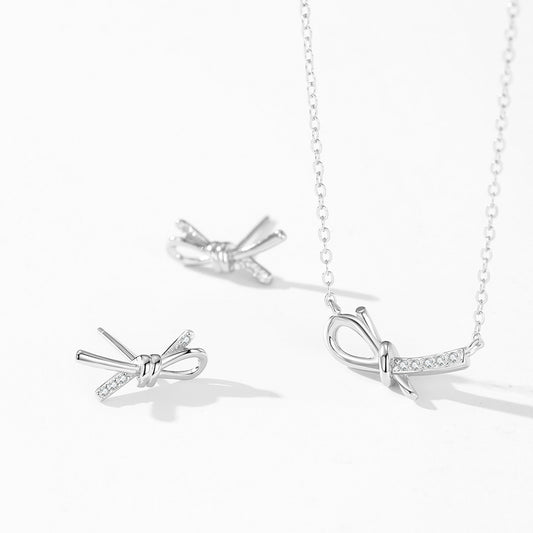 Enchanting Bow Jewelry Set - Zircon Sterling Silver Earrings & Necklace