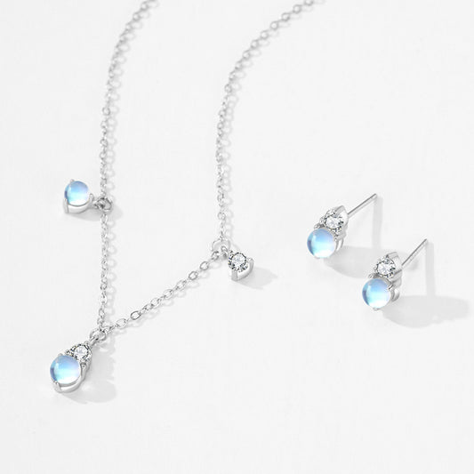 Moonlight Radiance Jewelry Set - Round Moonstone & Zircon Earrings & Necklace