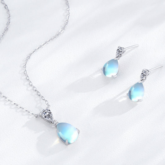 Lunar Dewdrop Jewelry Set – Moonstone & Zircon Sterling Silver Earrings & Necklace