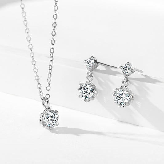 Classic Floral Jewelry Set - Zircon Sterling Silver Earrings & Necklace