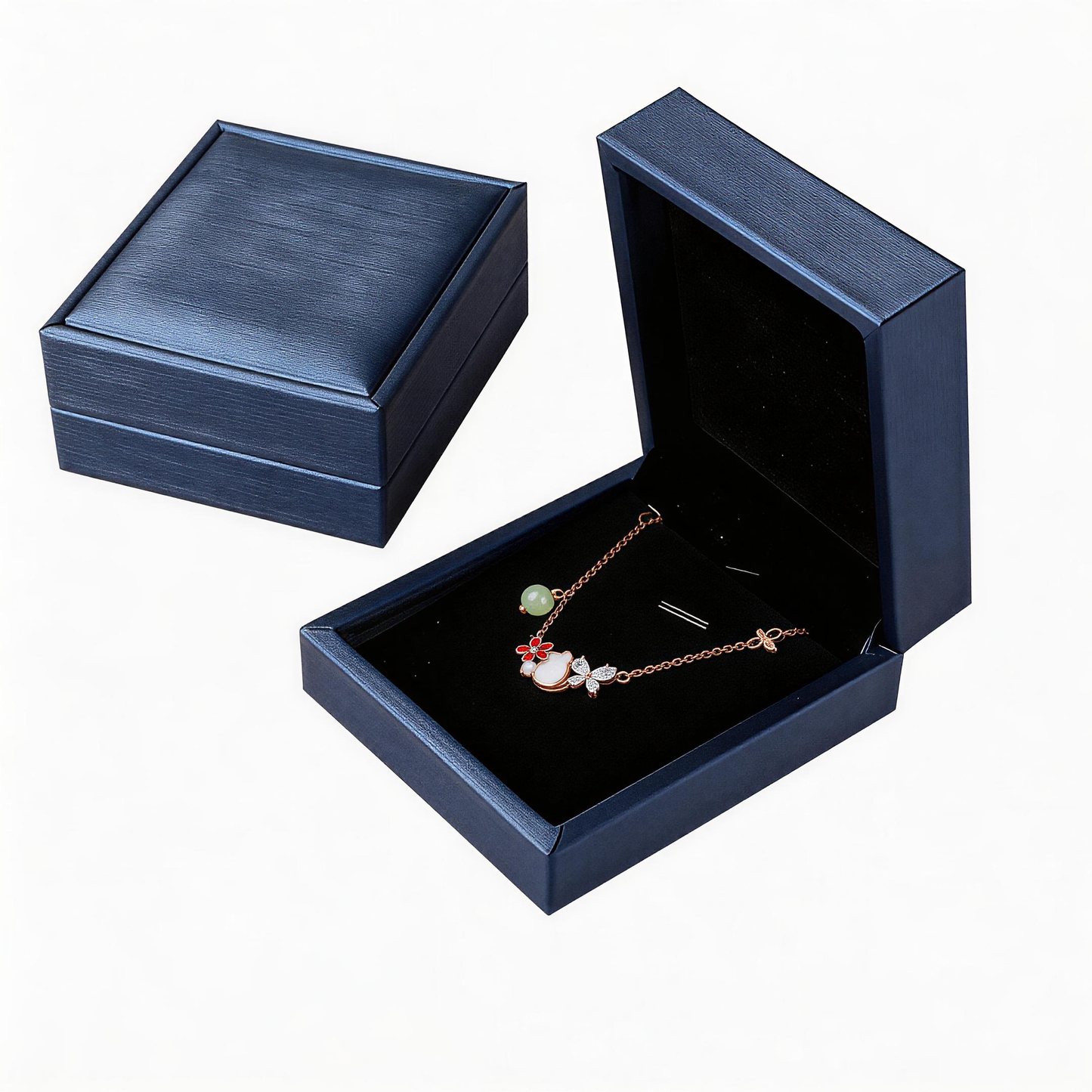 Whimsical Garden: Kitten & Peach Blossom Necklace with Golden Butterfly Detail