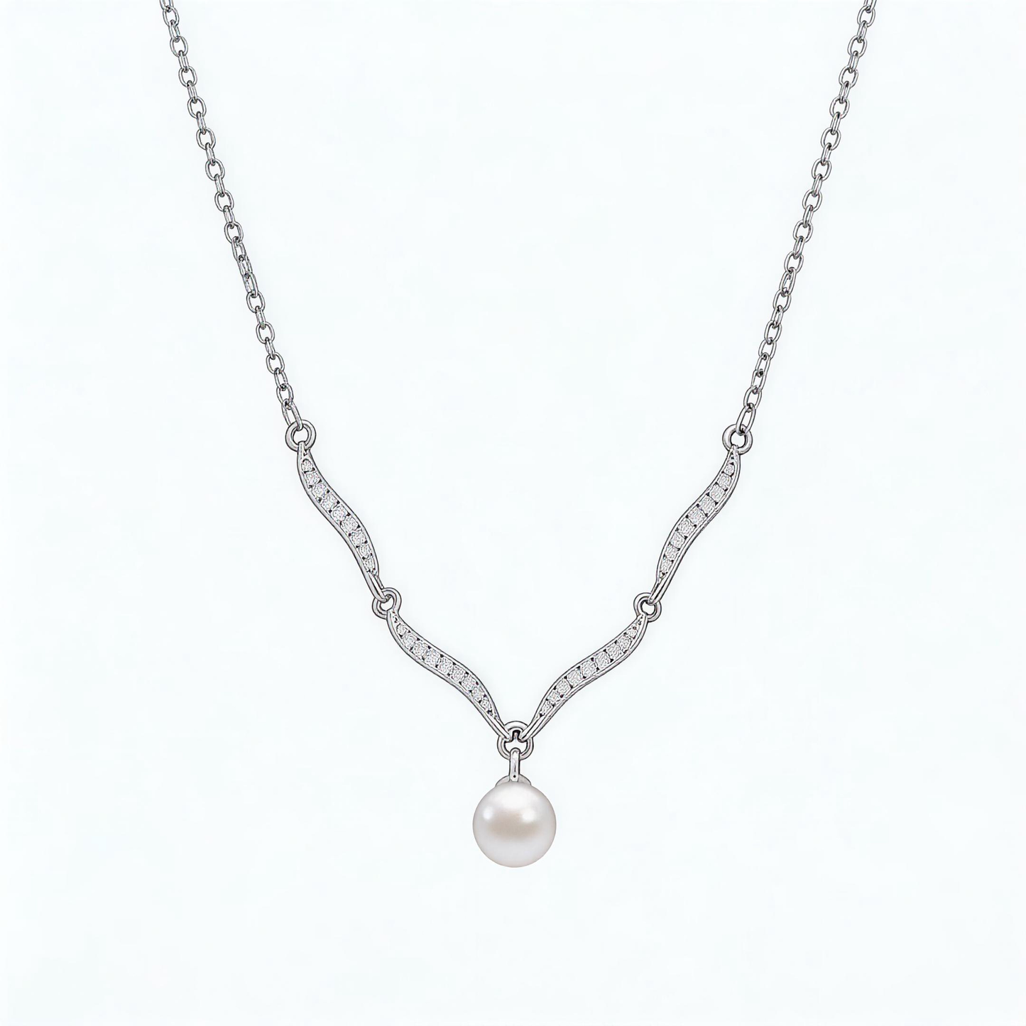 Leweivi S990 Sterling Silver Wave Pearl Necklace - Elegant Zircon Inlaid Pendant for Women