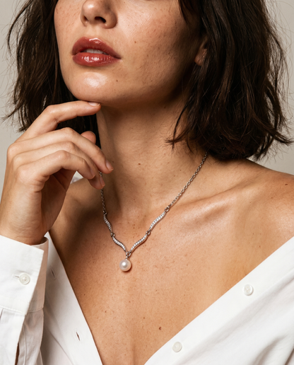 Leweivi™ S990 Sterling Silver Wave Pearl Necklace - Elegant Zircon Inlaid Pendant for Women