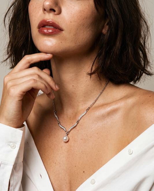 Leweivi™ S990 Sterling Silver Wave Pearl Necklace - Elegant Zircon Inlaid Pendant for Women