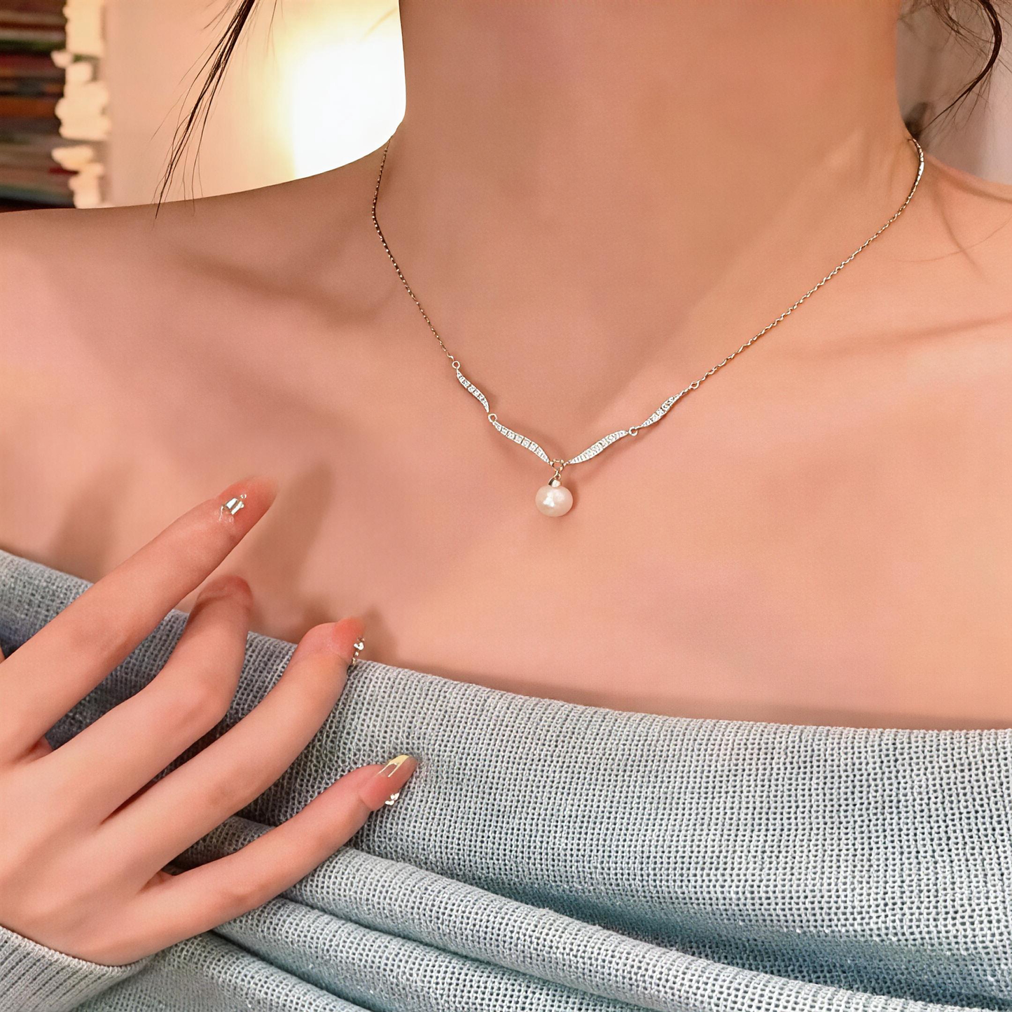 Leweivi S990 Sterling Silver Wave Pearl Necklace - Elegant Zircon Inlaid Pendant for Women