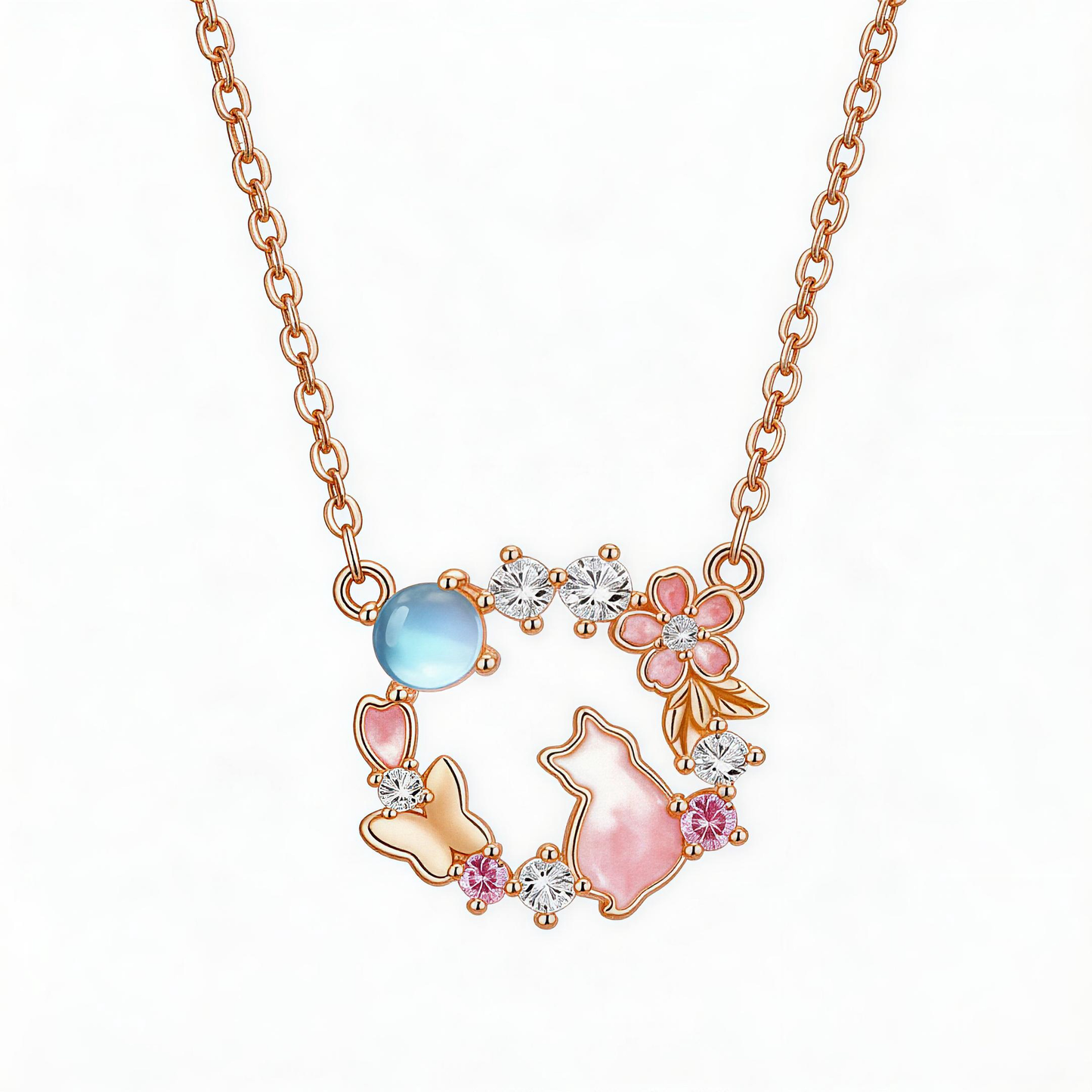 Leweivi™ Kitten & Floral Wreath Necklace | S925 Silver with a Warm Golden Finish