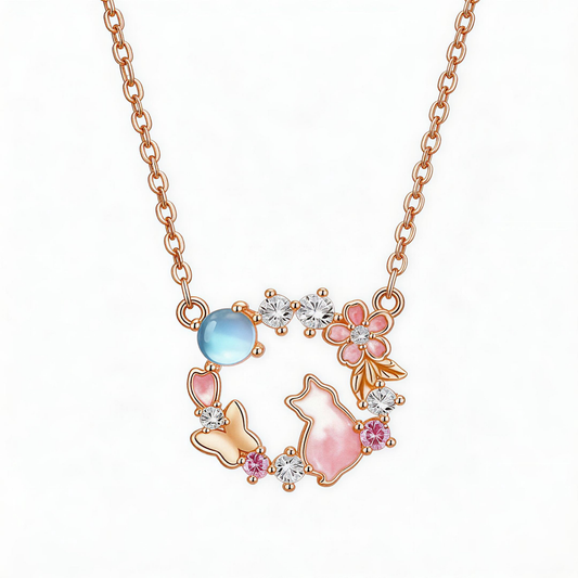 Kitten & Floral Wreath Necklace | S925 Silver with a Warm Golden Finish