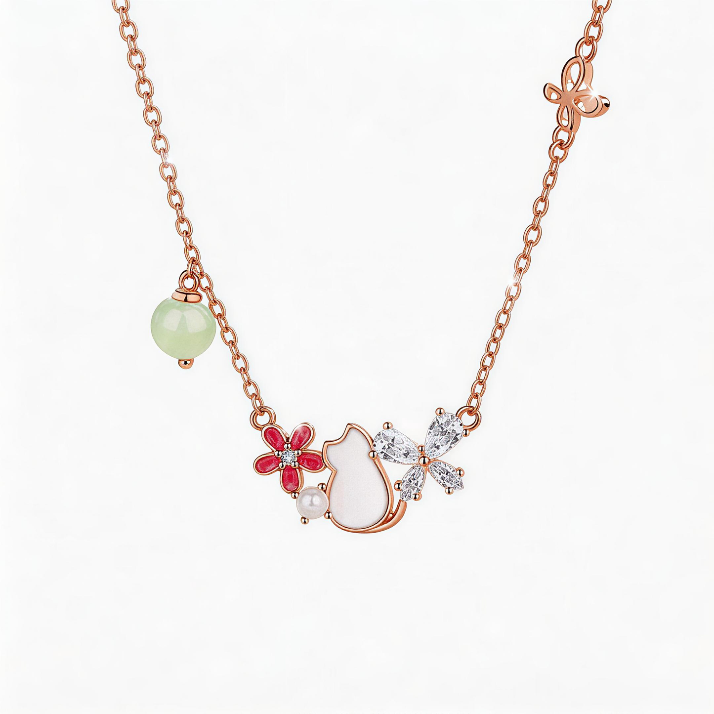 Whimsical Garden: Kitten & Peach Blossom Necklace with Golden Butterfly Detail