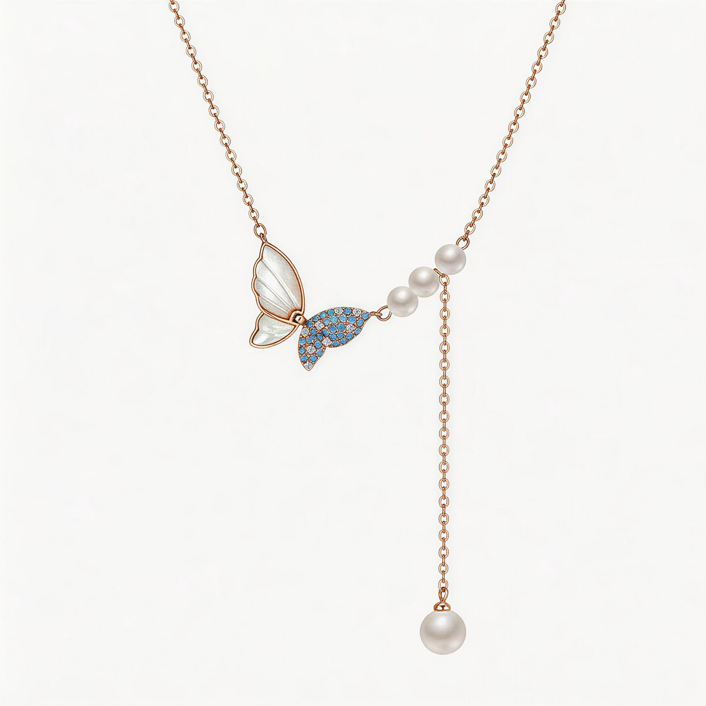 Leweivi™ Dreamy Butterfly & Shell Pearl Necklace in 925 Silver - Elegant Blue/Pink Floral Jewelry