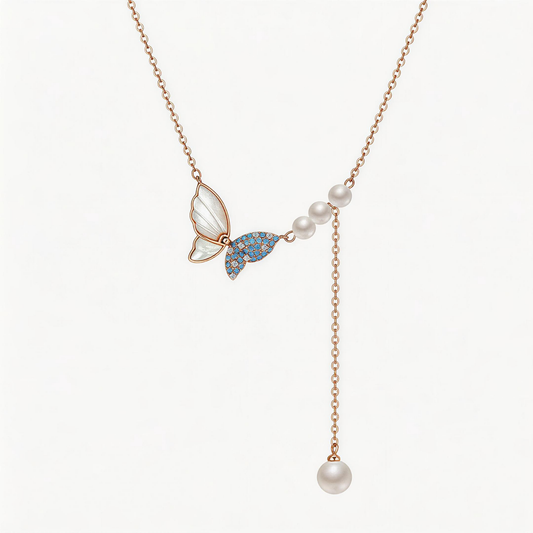 Leweivi™ Dreamy Butterfly & Shell Pearl Necklace in 925 Silver - Elegant Blue/Pink Floral Jewelry