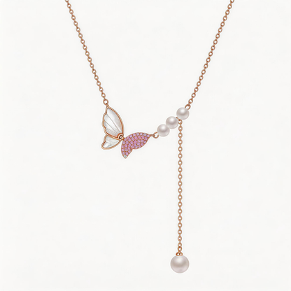 Leweivi™ Dreamy Butterfly & Shell Pearl Necklace in 925 Silver - Elegant Blue/Pink Floral Jewelry