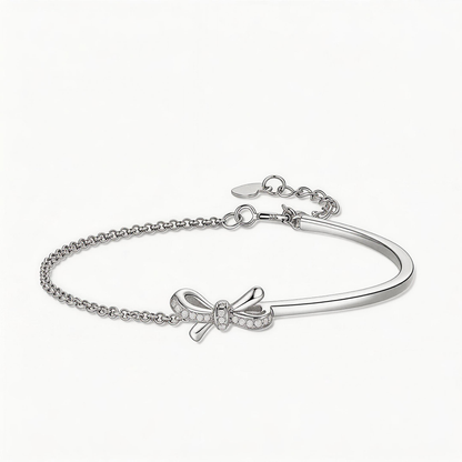 Leweivi™ S925 Sterling Silver Bowknot Half-Bangle Bracelet - Elegant Ribbon Design