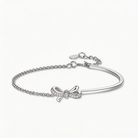 Leweivi™ S925 Sterling Silver Bowknot Half-Bangle Bracelet - Elegant Ribbon Design