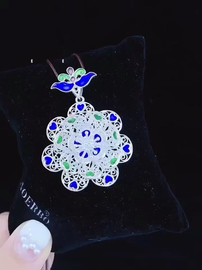 Collier pendentif paon en argent sterling émaillé fait main avec cordon tressé - Porte-bonheur en argent pur 999,9