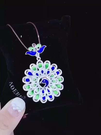 Collier pendentif paon en argent sterling émaillé fait main avec cordon tressé - Porte-bonheur en argent pur 999,9