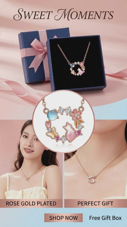 Leweivi™ Kitten & Floral Wreath Necklace | S925 Silver with a Warm Golden Finish