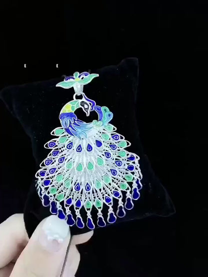 Collier pendentif bénédiction paon danse gracieuse, émail vibrant