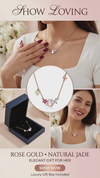 Whimsical Garden: Kitten & Peach Blossom Necklace with Golden Butterfly Detail