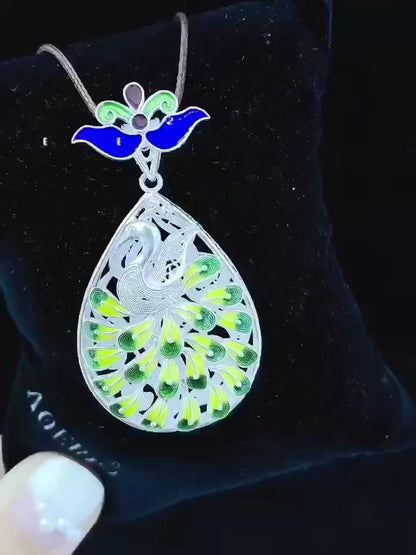 Handwoven Silk Cord & Enamel Peacock Pendant Necklace – 999.9 Pure Silver | Symbol of Blessings & Good Fortune