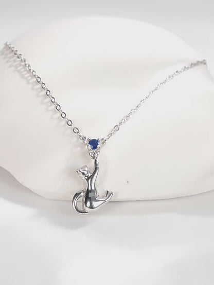 Whimsical Cat Jewelry Set - Blue Zircon Sterling Silver Earrings & Necklace