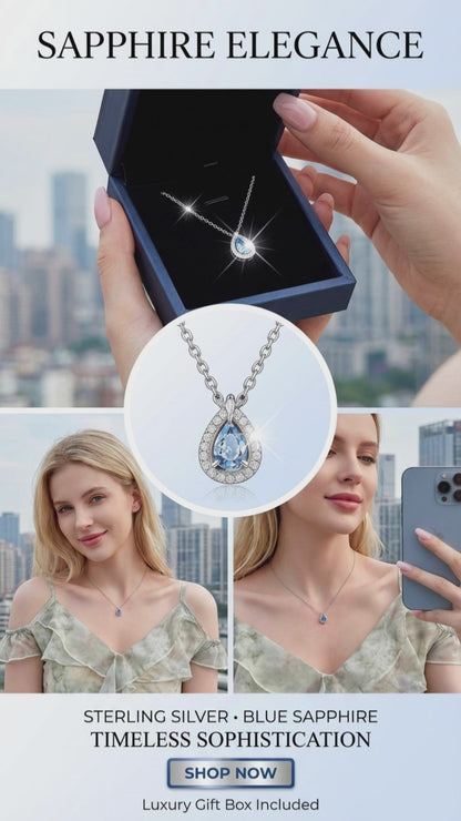 Leweivi™ S990 Sterling Silver "Blue Ocean Tear" Necklace - Romantic Heart-Shaped Blue Zircon Pendant for Women