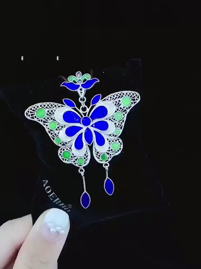 Collier papillon tissé à la main avec breloque en argent fin 999,9 et émail | Symbole de liberté et de bénédiction